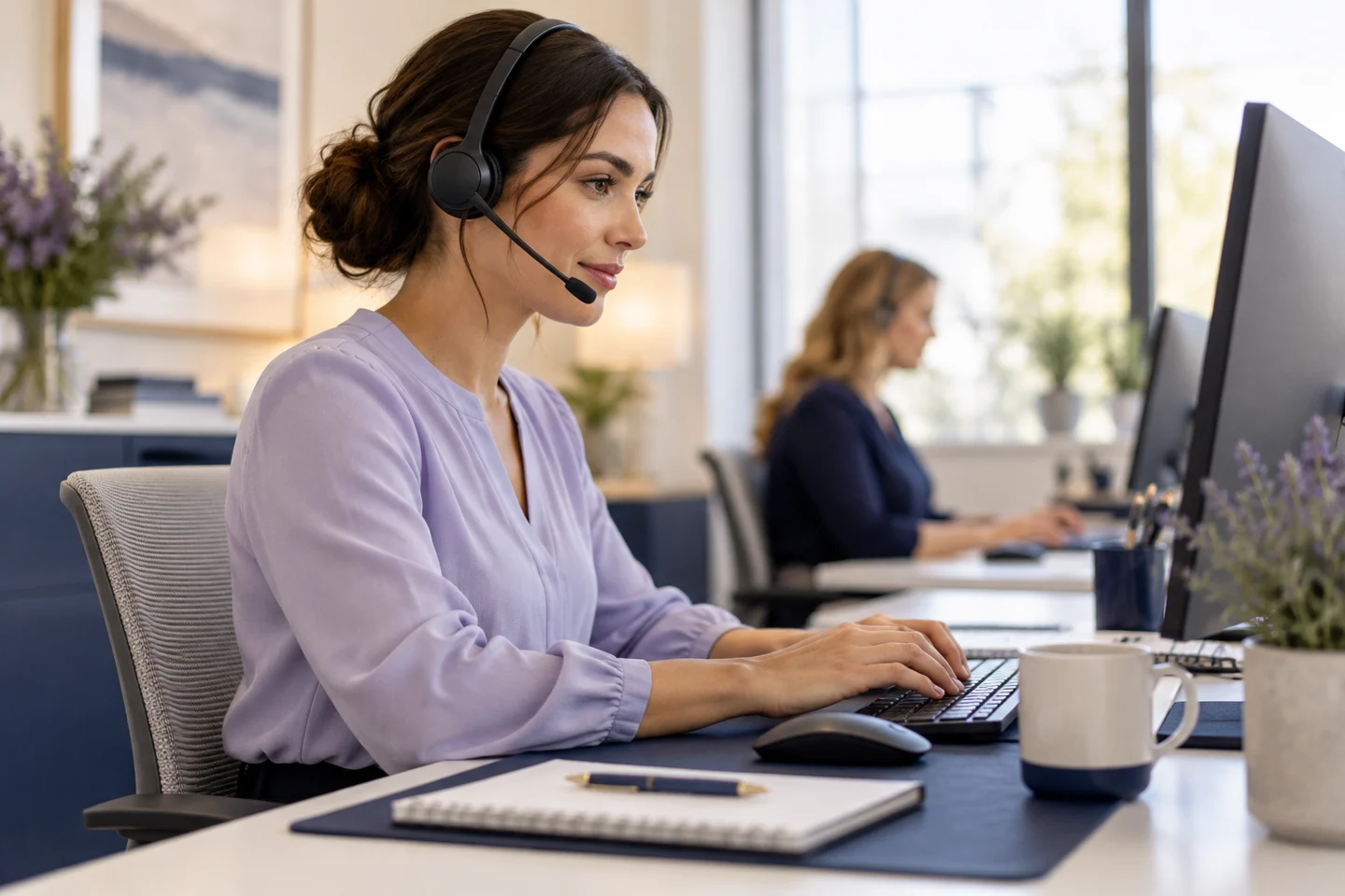 Illustrative medical transcription professional working at a computer